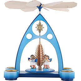 1 - Tier Pyramid  -  Blue with Colored Angels and Wind Instruments  -  39x30,6x19cm / 7.5 inch