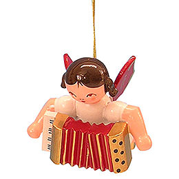 Christbaumschmuck Engel mit Akkordeon  -  Rote Flügel  -  schwebend  -  5,5cm