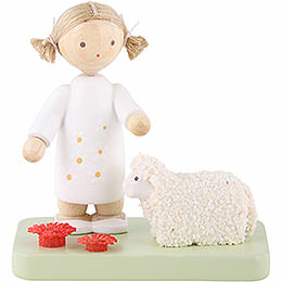 Flax Haired Children Girl with Little Lamb  -  5cm / 2 inch