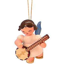 Tree Ornament  -  Angel with Banjo  -  Blue Wings  -  Floating  -  5,5cm / 2,1 inch