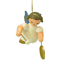 Tree Ornament  -  Angel with Small Gong  -  Blue Wings  -  Floating  -  5,5cm / 2,1 inch